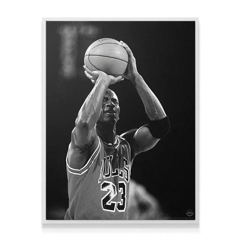Textured canvas print showing Chicago Bulls jersey number 23, titled 'Michael Jordan - Eyes Closed'.