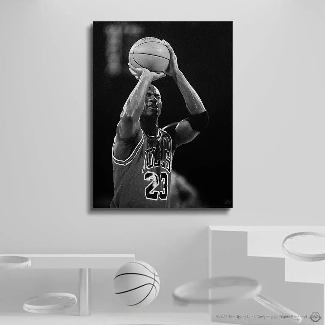 High-contrast monochrome depiction of the ball release during 'Michael Jordan - Eyes Closed'.