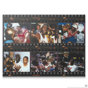Full frontal shot of the iconic Michael Jordan - Film Strip displaying all six triumphant championship images.