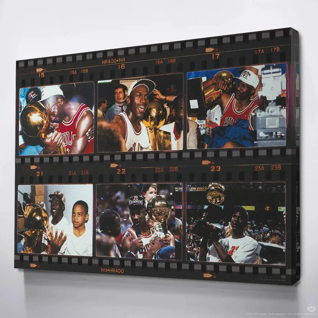 Macro view of the central frame in the Michael Jordan - Film Strip where MJ smiles broadly holding the trophy.