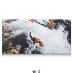 Michael Jordan – Flight Test Wall Art Panoramic view of Michael Jordan - Flight Test artwork, showing the full width of the surreal sky dunk canvas above the landscape.