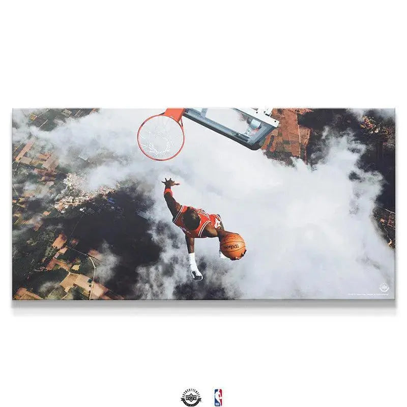 Panoramic view of Michael Jordan - Flight Test artwork, showing the full width of the surreal sky dunk canvas above the landscape.