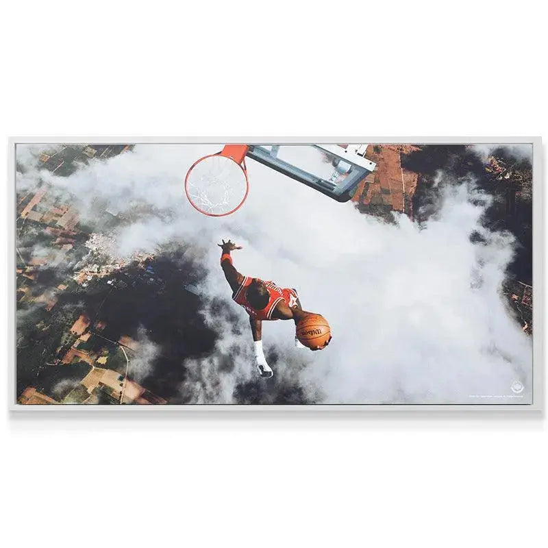 Overhead angle of Michael Jordan - Flight Test composition, emphasizing the basketball rim against the cloudy backdrop.