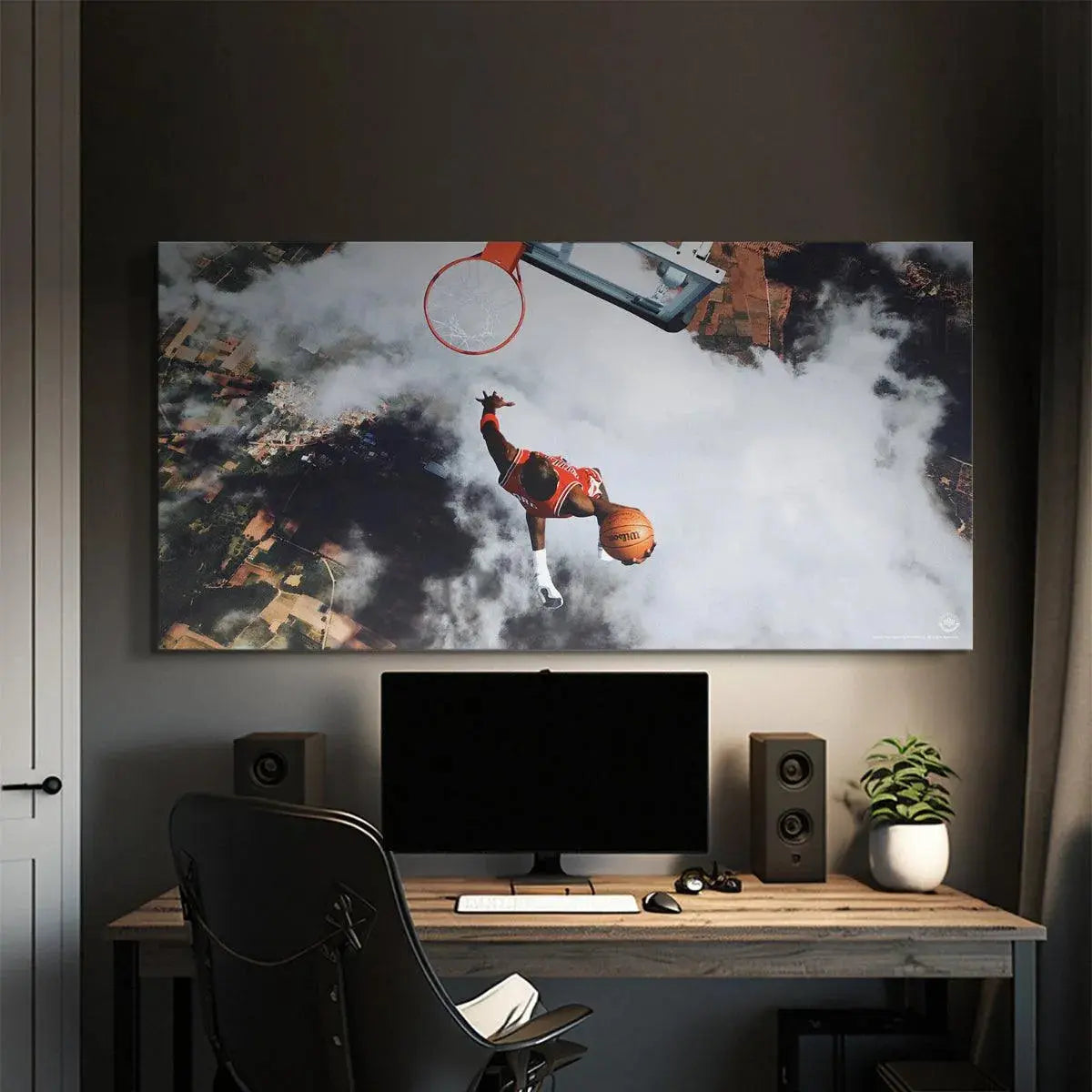 Lifestyle shot of the framed Michael Jordan - Flight Test print displayed prominently in a modern living room setting.