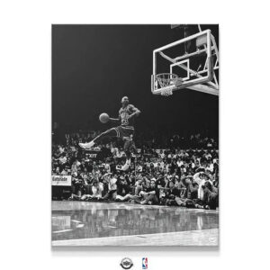Michael Jordan – Frozen In Time Wall Art Full view of "Michael Jordan - Frozen In Time" high-contrast black and white canvas print displaying MJ's flight.