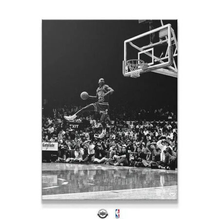 Full view of "Michael Jordan - Frozen In Time" high-contrast black and white canvas print displaying MJ's flight.