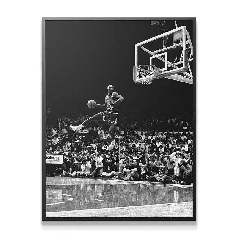 Wide angle view capturing the intense crowd reaction beneath Michael Jordan - Frozen In Time as he leaps.