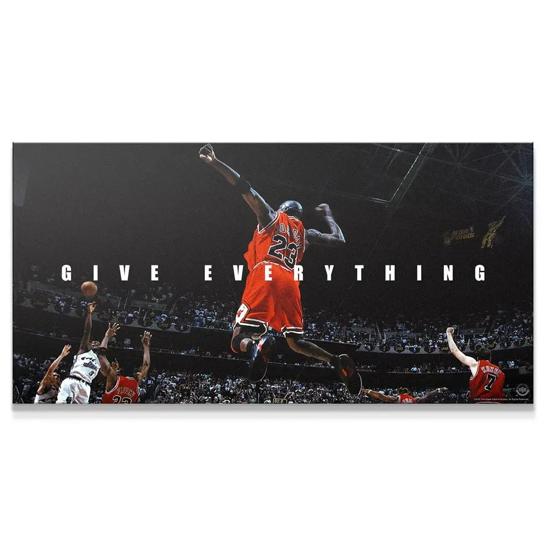 Panoramic view of Michael Jordan - Give Everything poster emphasizing the dynamic court and surrounding crowd.