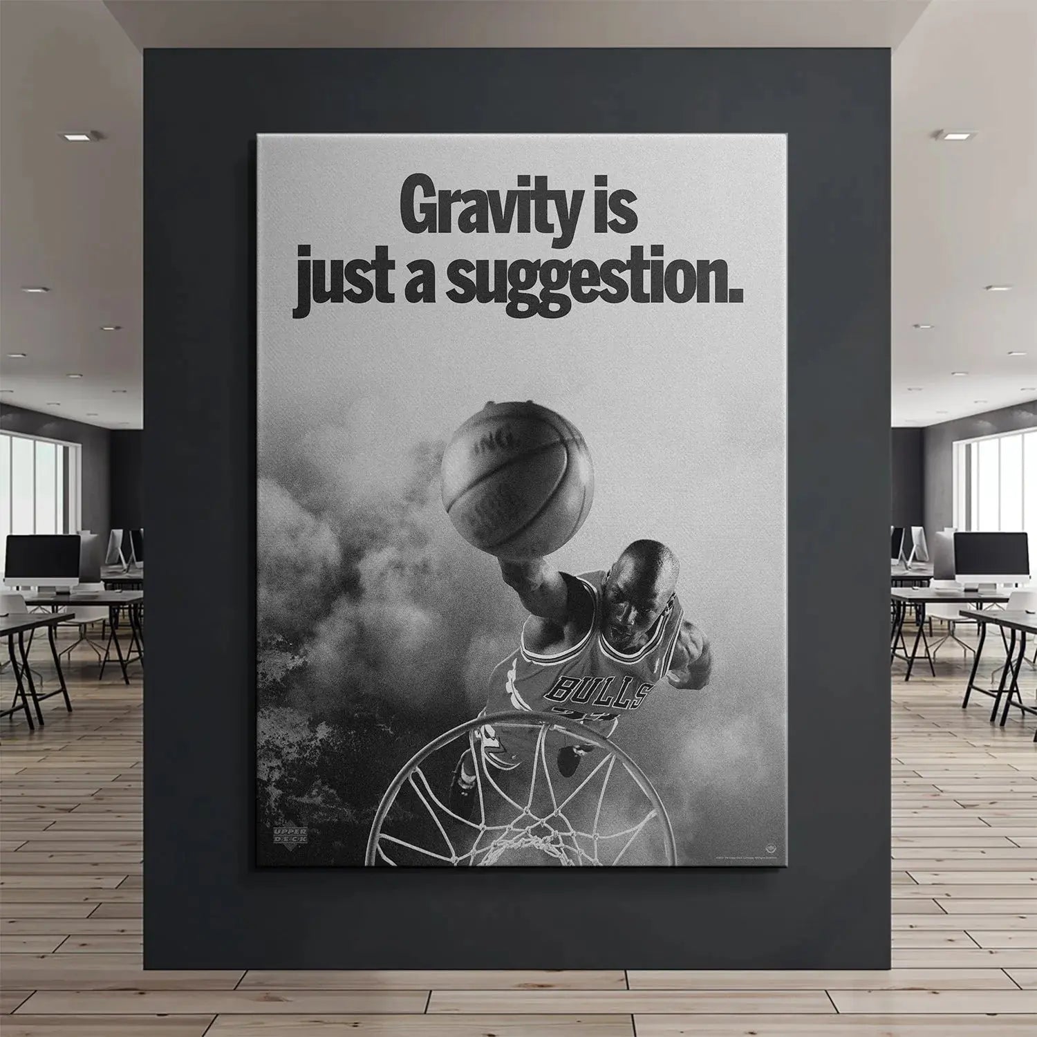 Dynamic overhead angle of MJ soaring toward the basket in the print: Michael Jordan - Gravity Is Just A Suggestion.
