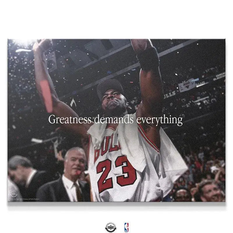 Close-up of Michael Jordan celebrating victory, confirming Michael Jordan - Greatness Demands Everything.