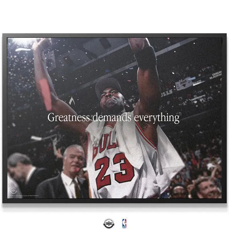 Dynamic angle of MJ lifting his arms surrounded by confetti; Michael Jordan - Greatness Demands Everything art print.