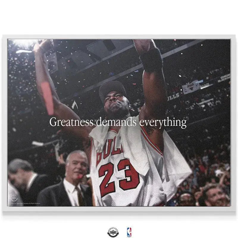 Textured canvas depiction of Michael Jordan in his Bulls jersey, illustrating Michael Jordan - Greatness Demands Everything motto.