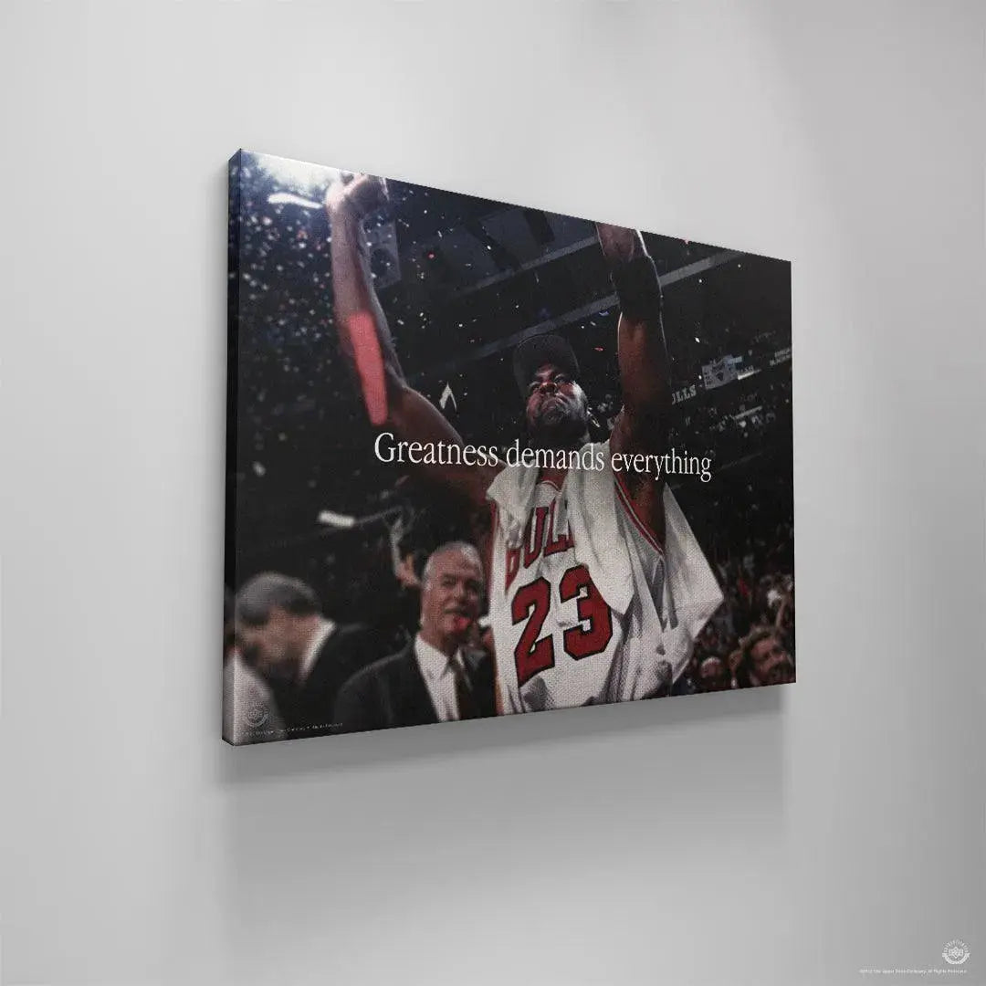 Vibrant, high-resolution reproduction of Michael Jordan - Greatness Demands Everything championship poster.