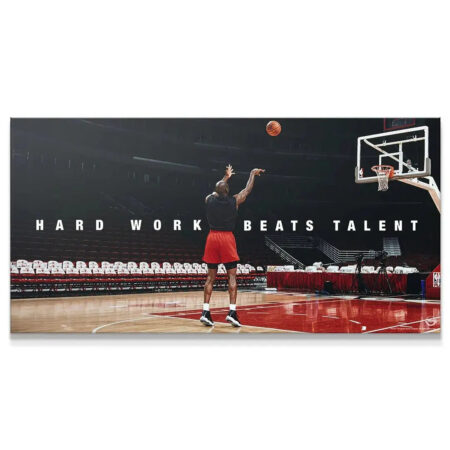 Panoramic view of Michael Jordan shooting a jump shot in an empty stadium, featuring the text 'Michael Jordan - Hard Work Beats Talent'.