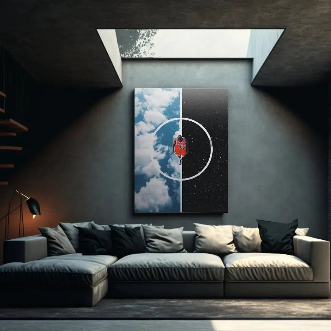 Visual of the central white circle framing the legendary figure in the conceptual piece "Michael Jordan - Heights"