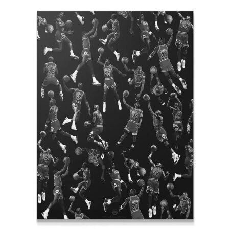 Close-up view of the central cluster of dunking figures in the Michael Jordan - Infinity print.