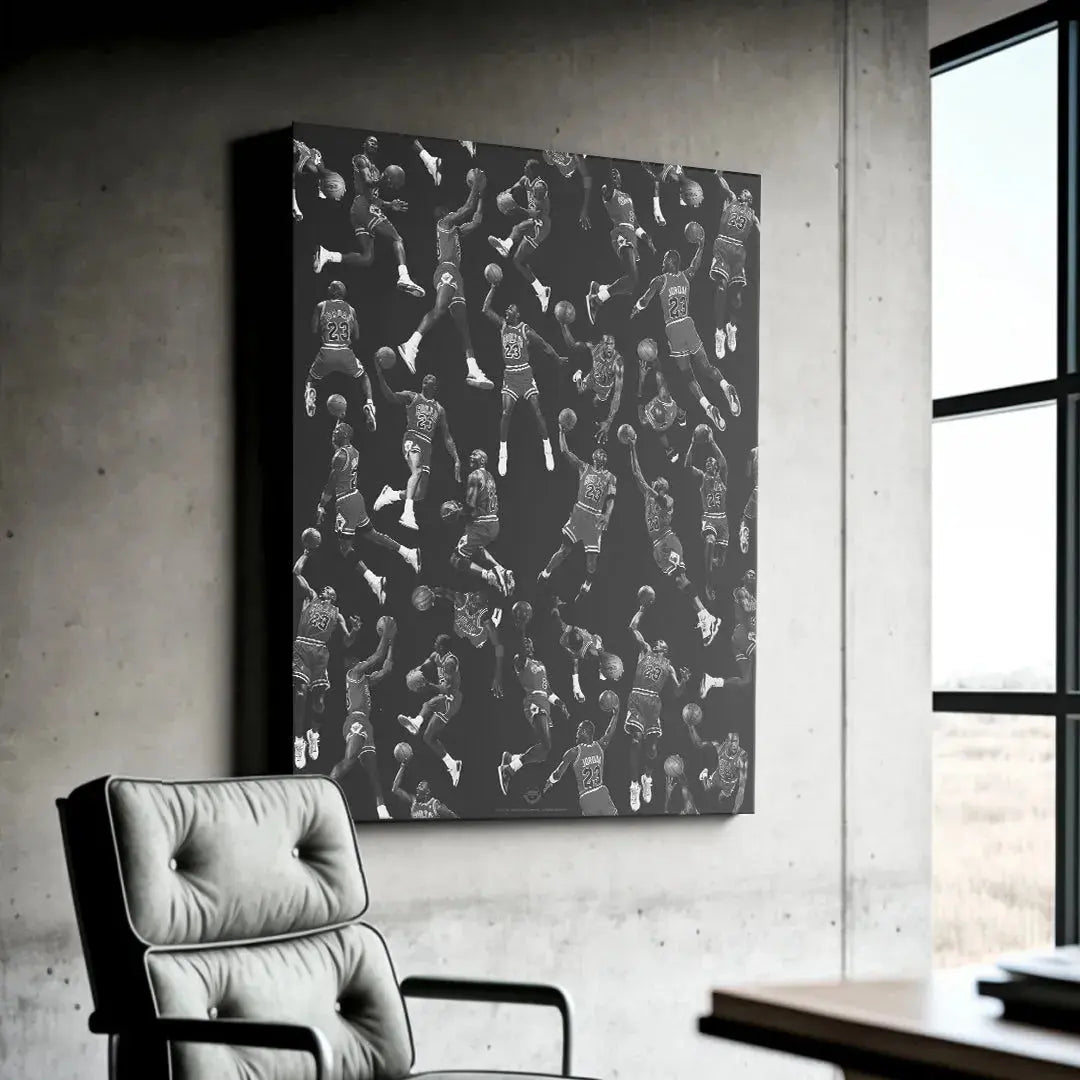 Lifestyle shot showing the framed Michael Jordan - Infinity hanging above a minimalist sofa.
