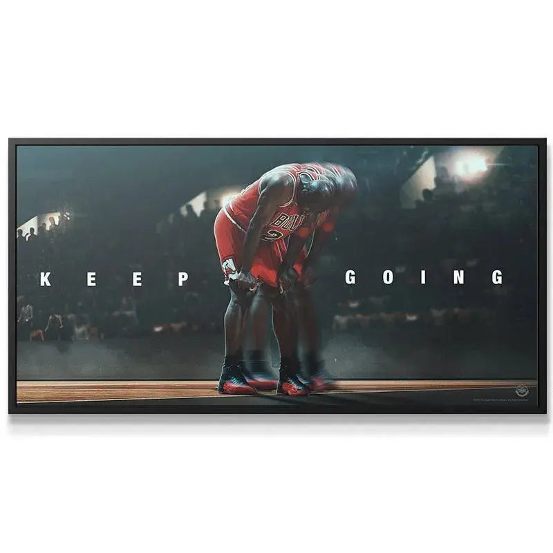 Close-up detail of Michael Jordan's fatigued posture in the "Michael Jordan - Keep Going" print.