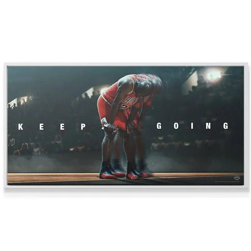 Dynamic motion blur texture surrounding Michael Jordan - Keep Going, emphasizing intense movement.