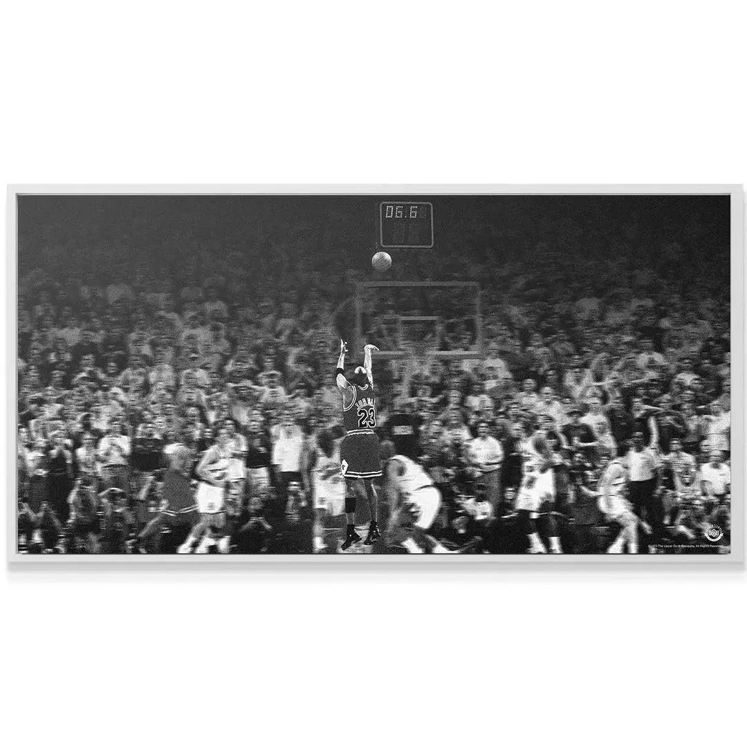 Lifestyle mock-up of the framed Michael Jordan - Last Shot print displayed in a modern home office.