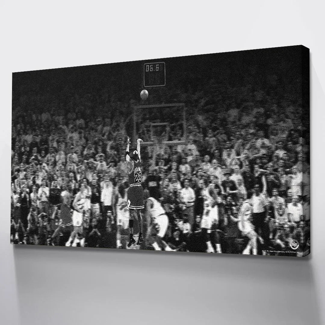 Wide panoramic shot capturing the immense crowd reaction during the Michael Jordan - Last Shot moment.