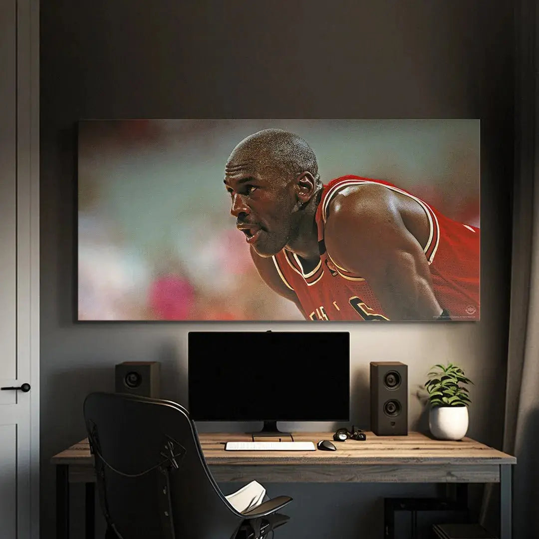 Lifestyle shot of the motivational Michael Jordan - Mindset print mounted in a modern gym setting.