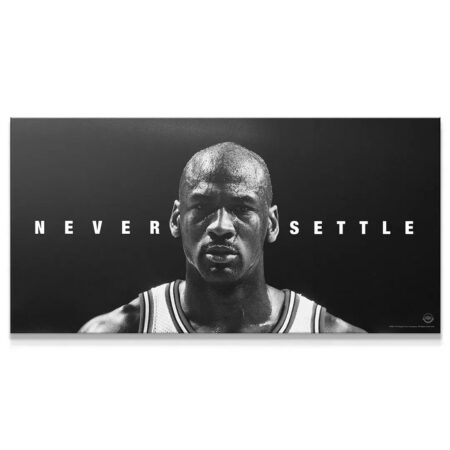Close-up portrait of intense Michael Jordan - Never Settle on museum-quality canvas art.