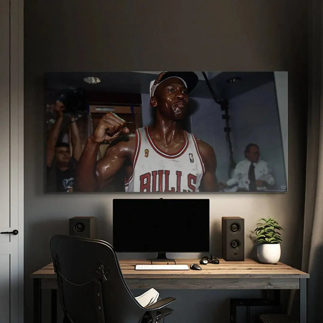 Dynamic shot focusing on MJ’s clenched fist of triumph in the commemorative 'Michael Jordan - Nothing Worth Having Comes Easy (No Quote)' poster.