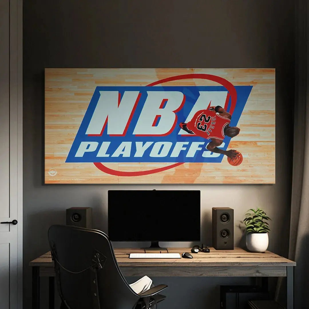 Wide angle depiction of the Michael Jordan - Playoffs artwork highlighting the classic red Bulls jersey.