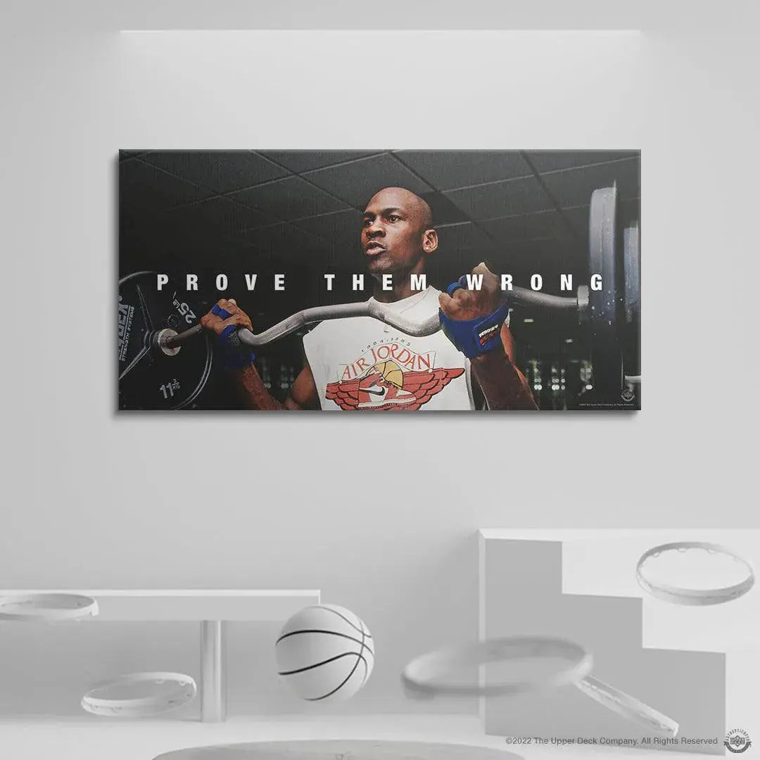 Low-angle perspective capturing the intensity and focused gaze of Michael Jordan - Prove Them Wrong.
