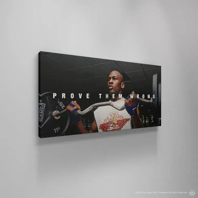 Artwork featuring Michael Jordan wearing an Air Jordan graphic tee while training, titled 'Michael Jordan - Prove Them Wrong'.