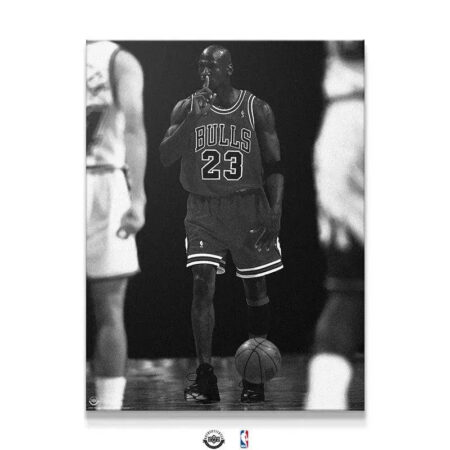 Full body view of Michael Jordan performing the shush gesture in the iconic 'Michael Jordan - Quiet the Competition' black and white print.