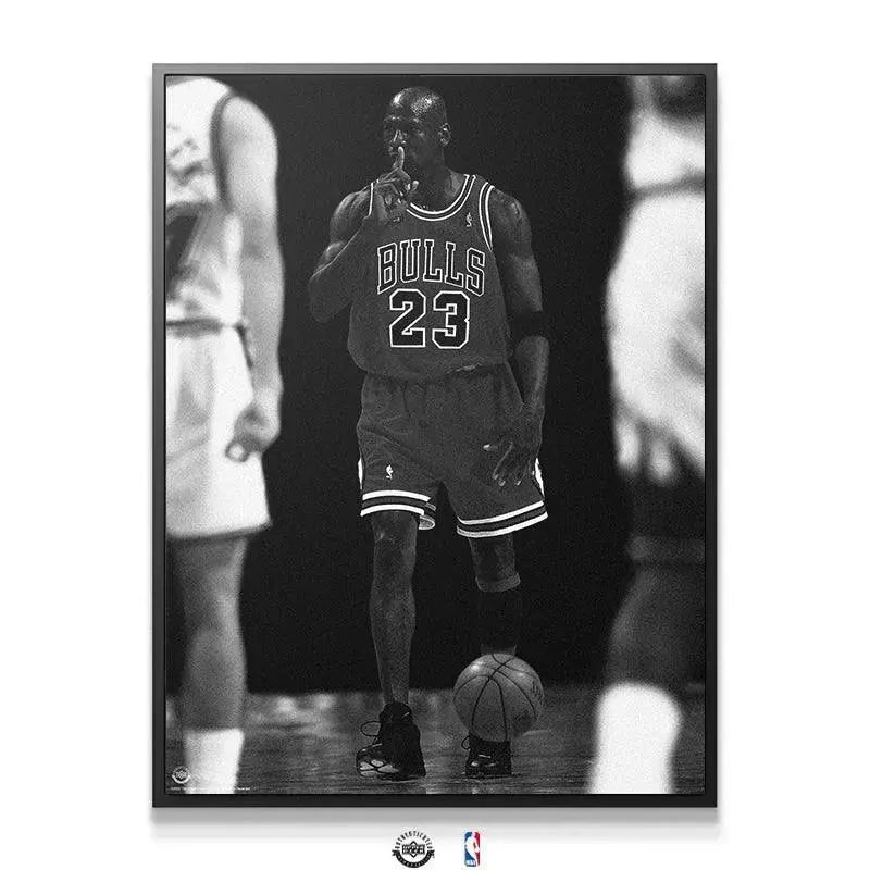Close-up detailed shot highlighting MJ's focused expression and finger over lips, symbolizing 'Michael Jordan - Quiet the Competition'.