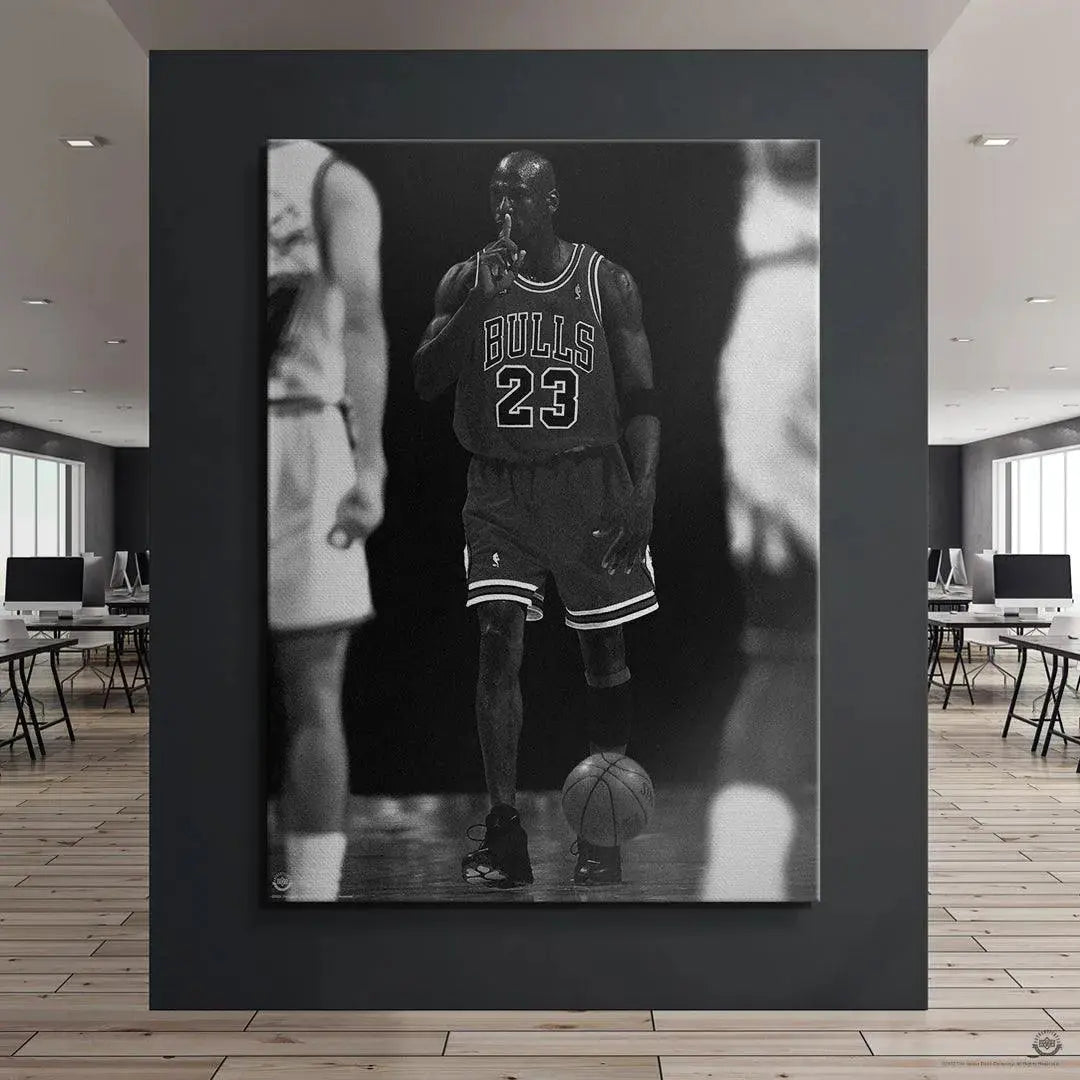Dramatic lighting and deep shadow contrasts emphasizing the dominance captured in 'Michael Jordan - Quiet the Competition' artwork.