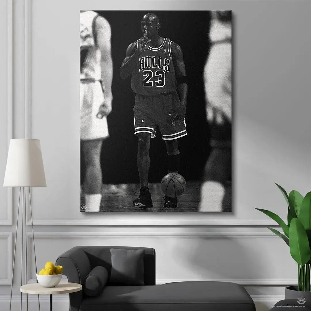 Mid-range perspective showcasing the powerful, confident posture and uniform details of 'Michael Jordan - Quiet the Competition'.