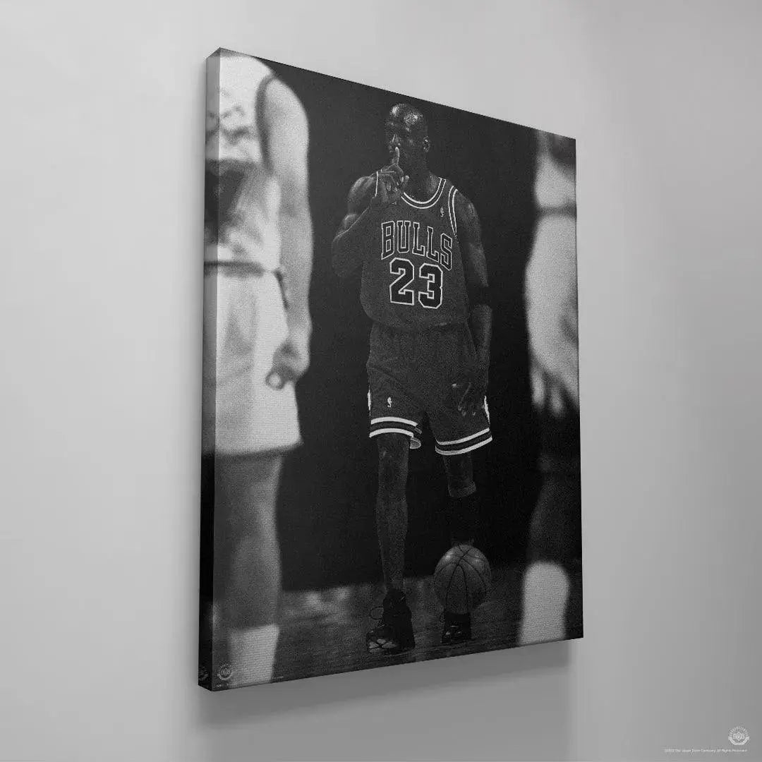 Wide shot displaying the complete wall art and border framing of 'Michael Jordan - Quiet the Competition' canvas.
