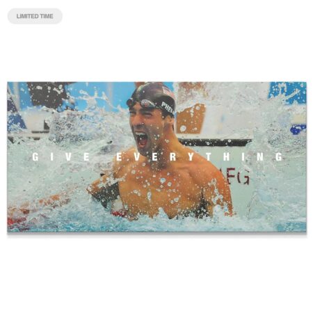 Close-up of Michael Phelps' triumphant, shouting face after winning, titled Michael Phelps - Give Everything.
