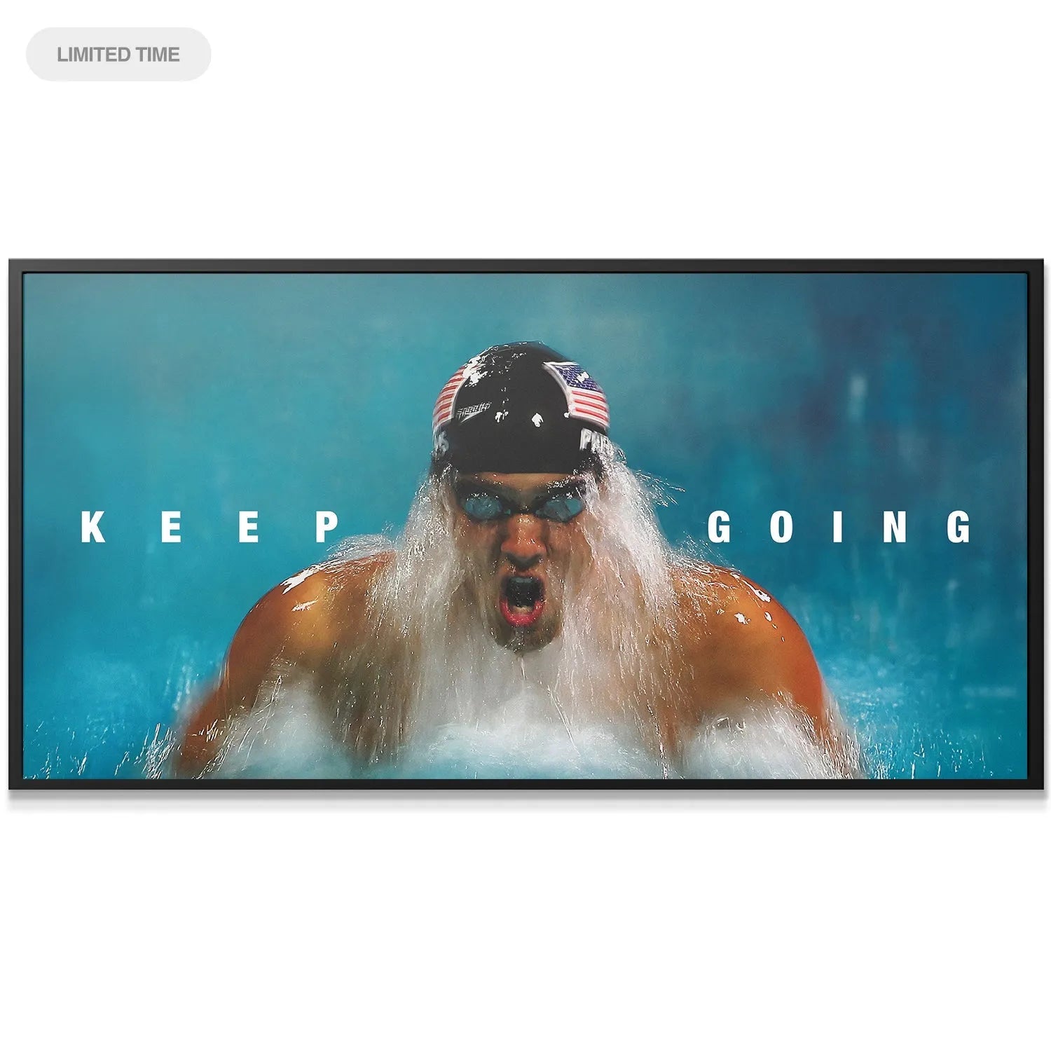 Wide shot perspective of the motivational canvas "Michael Phelps - Keep Going" in a modern office environment.