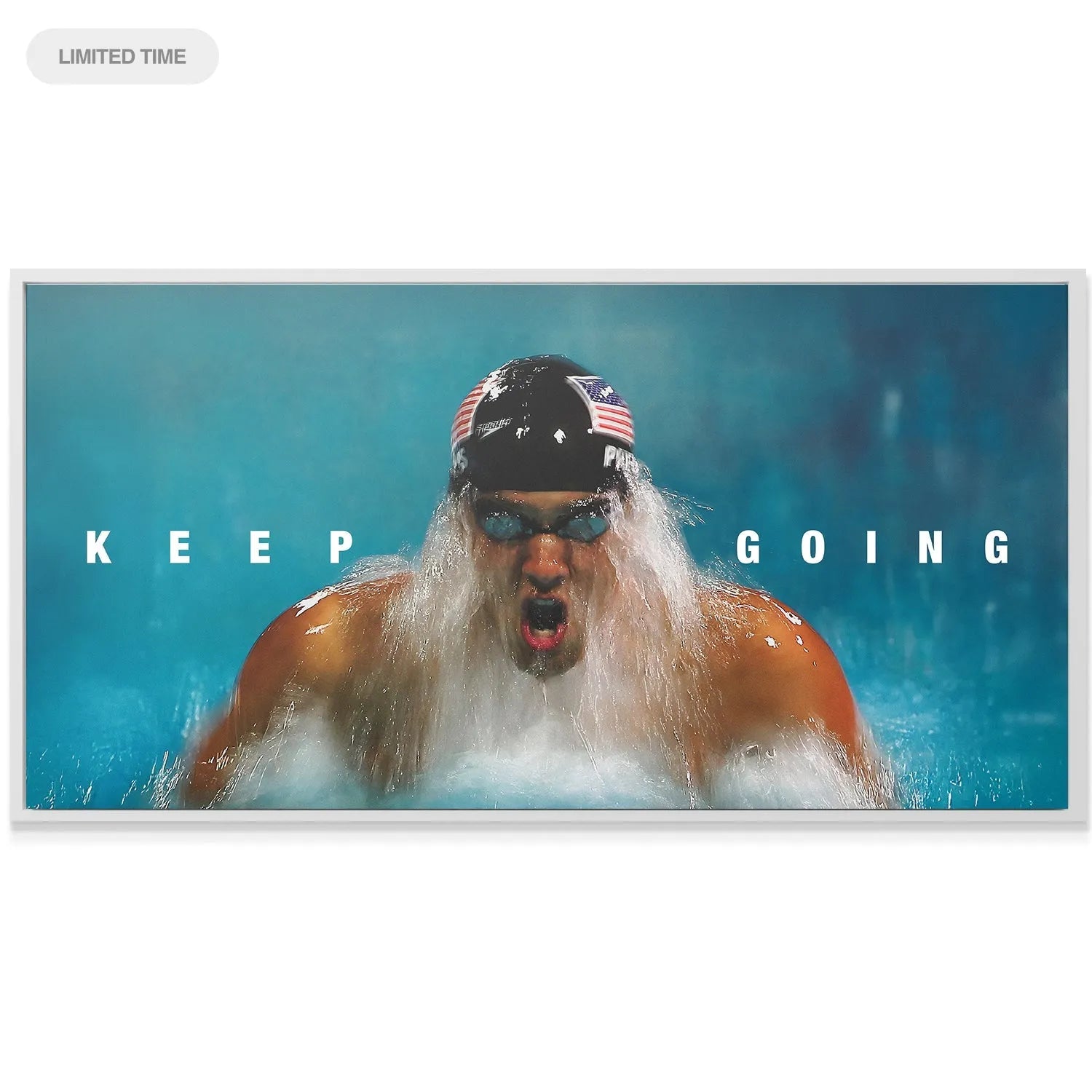 Detail view of the USA flag swim cap and goggles on the Michael Phelps - Keep Going image.