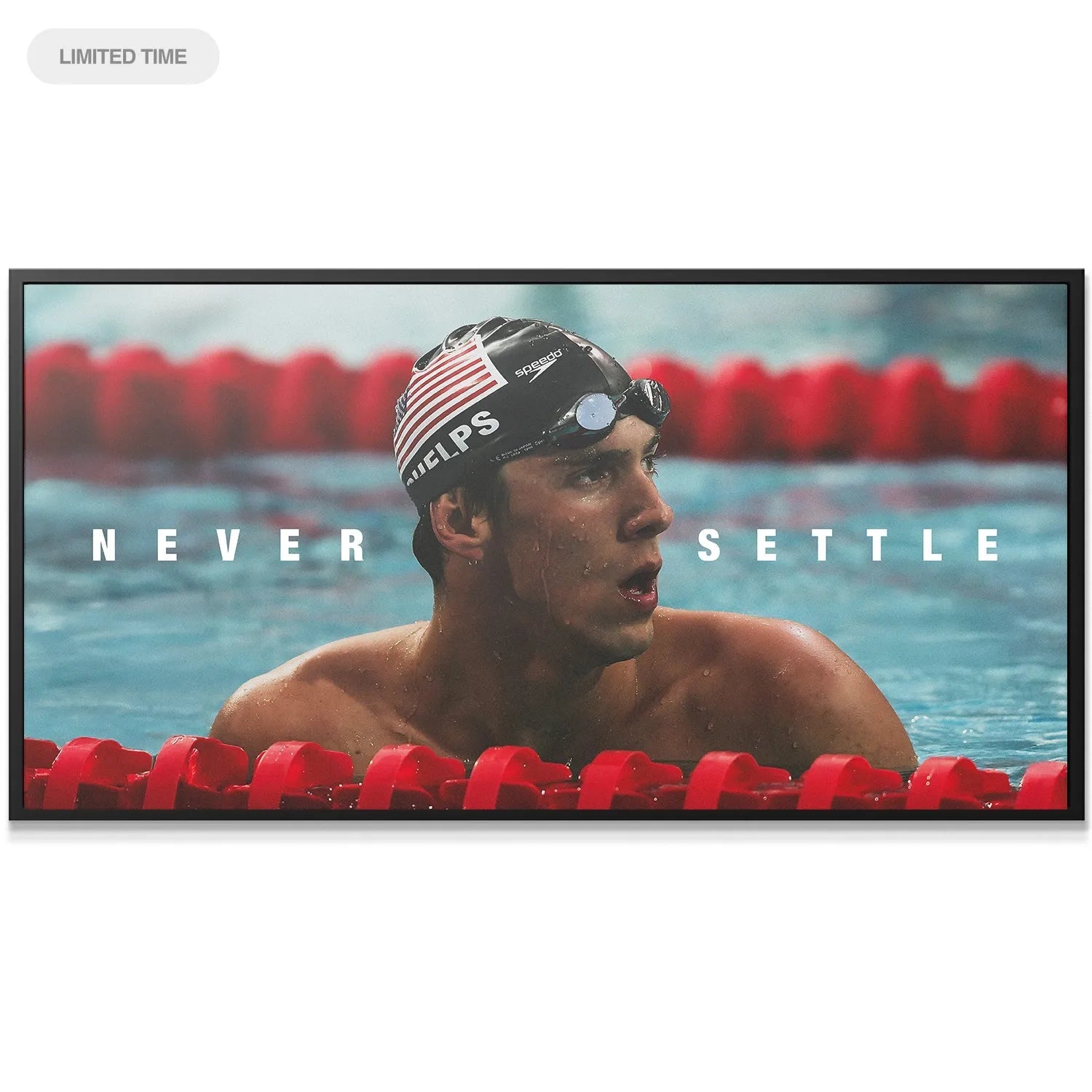 Horizontal view of the motivational swimming print featuring Michael Phelps - Never Settle against red lane lines.