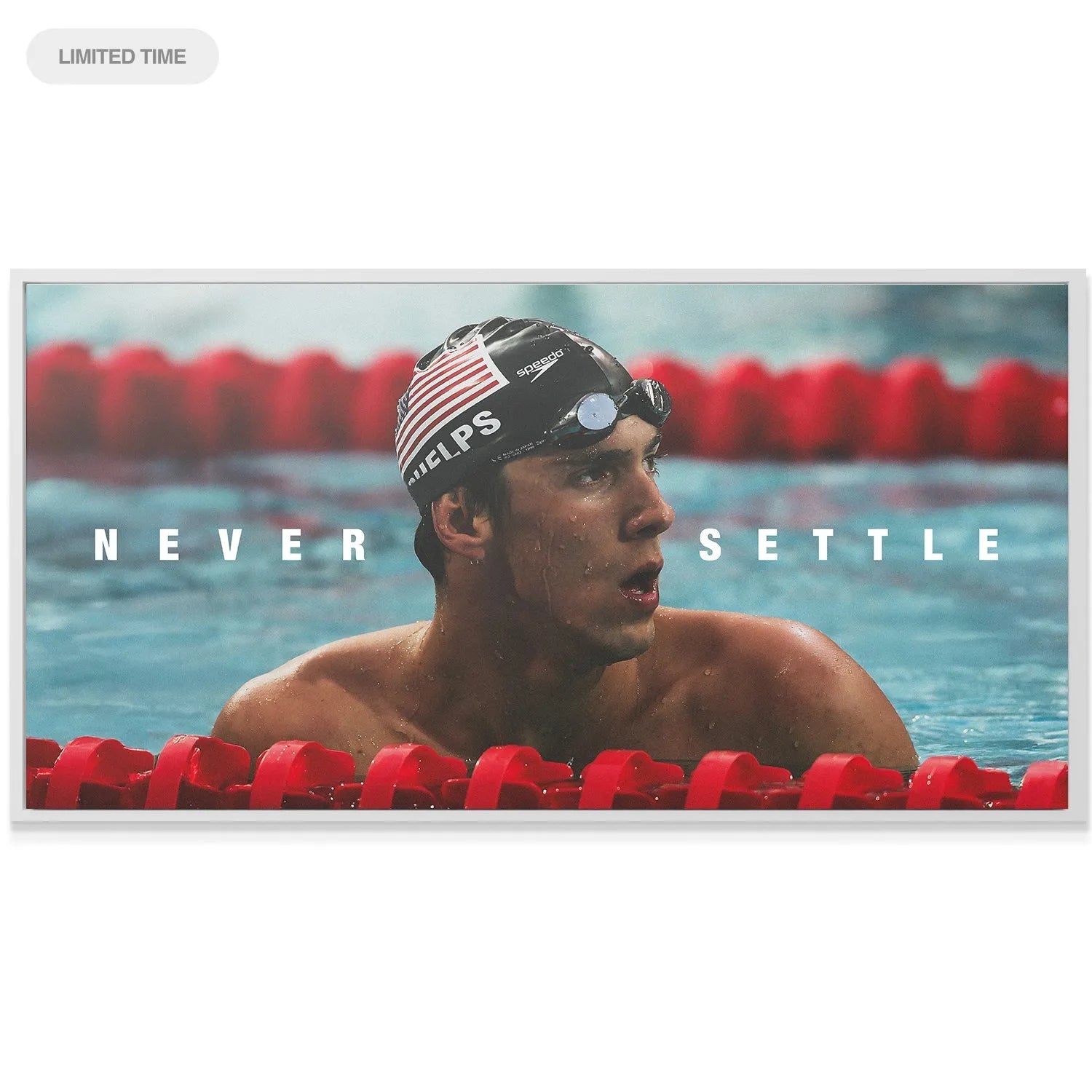 Texture detail shot of the canvas material showcasing the quote Michael Phelps - Never Settle.