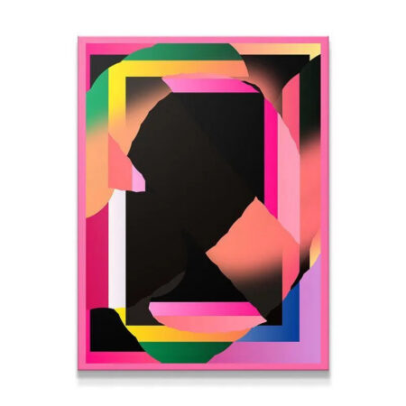 Full vertical view of the abstract print, Midnight Pool, showcasing the vibrant neon pink frame.