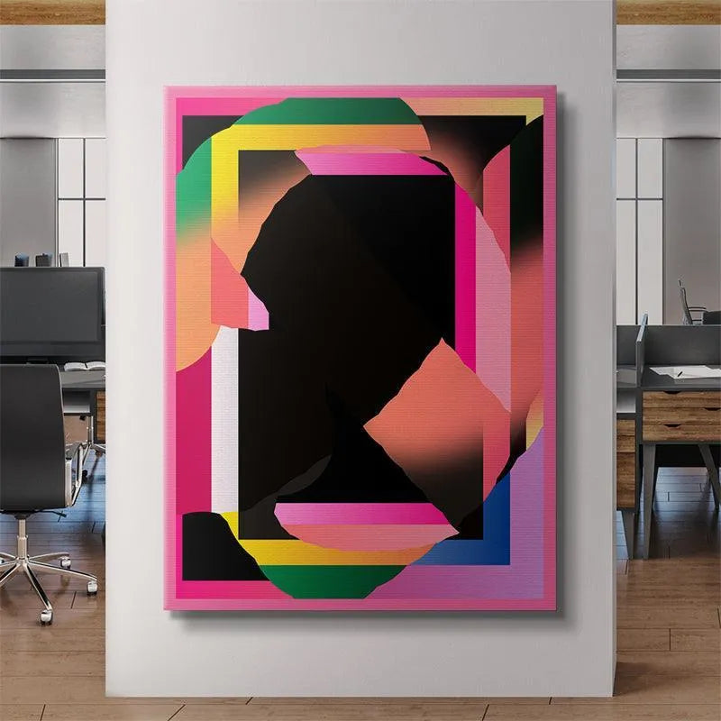 Detailed view of the dark, reflective black center of the geometric Midnight Pool canvas.
