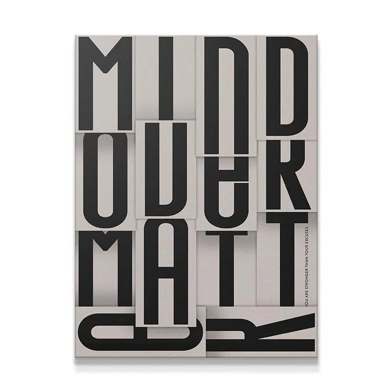 Full centered view of the Mind Over Matter typographic poster on a clean white background.