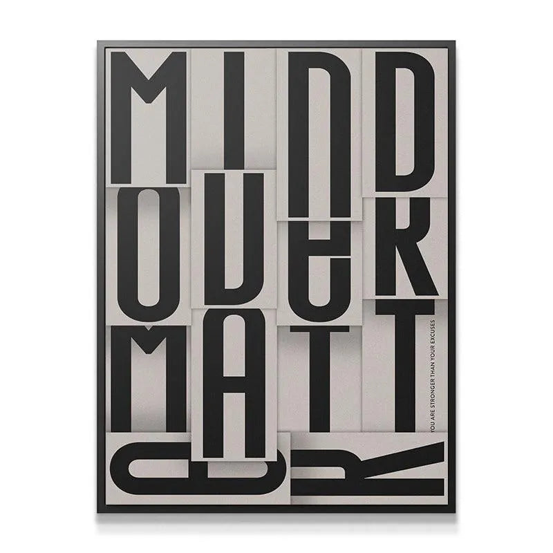 Detailed close-up showing the staggered, 3D effect texture of the black and grey Mind Over Matter letters.