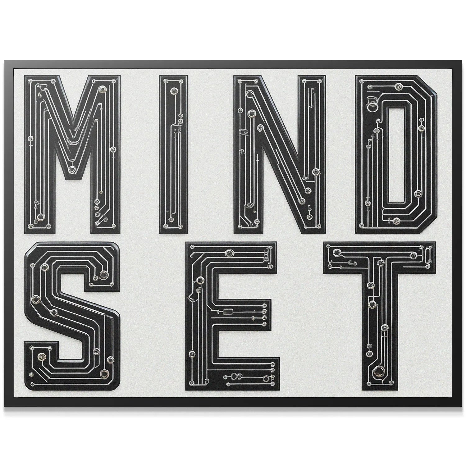 Close-up texture shot showing the silver metallic wiring detail on the Mindset Sign letters.