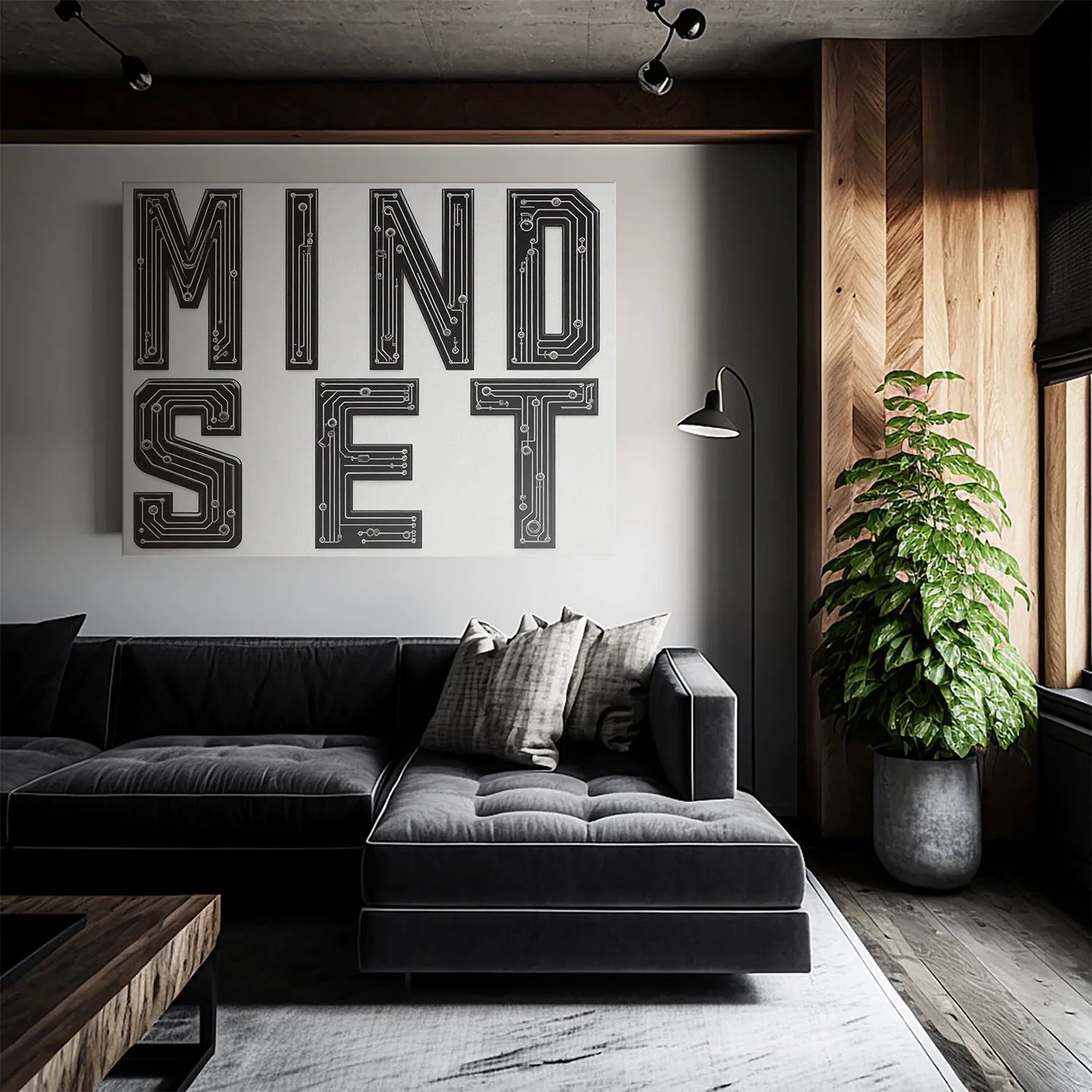 Lifestyle photo of the Mindset Sign hanging above a minimalist office desk setup.