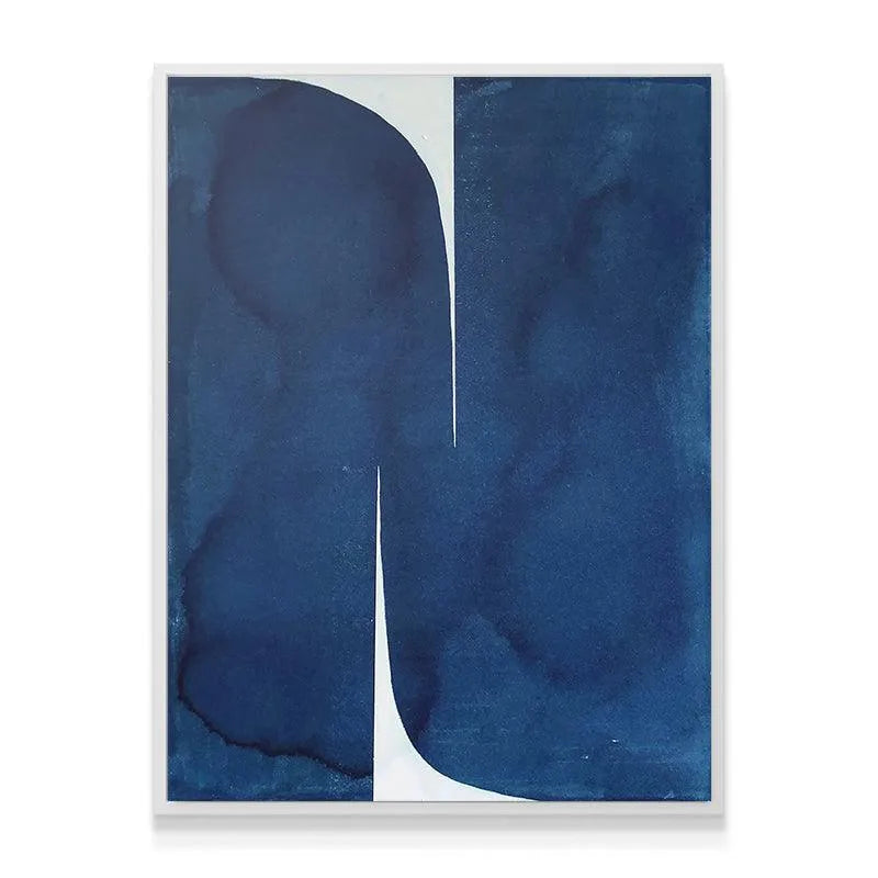 Lifestyle shot of the Mizuki Blue artwork displayed above a minimalist sofa in a modern apartment.