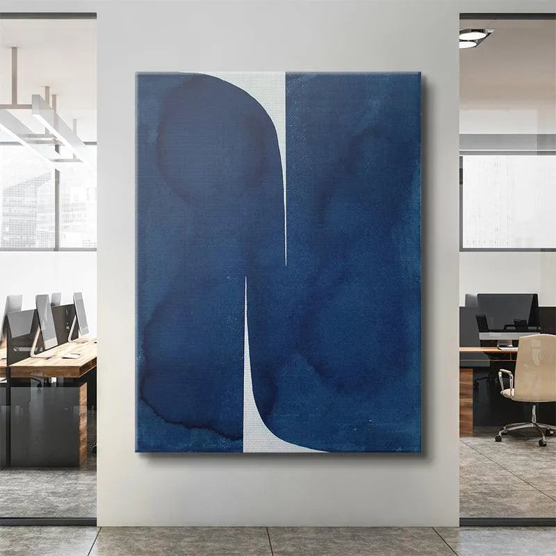 Corner detail of the sharp white negative space contrasting sharply with the deep Mizuki Blue pigment.