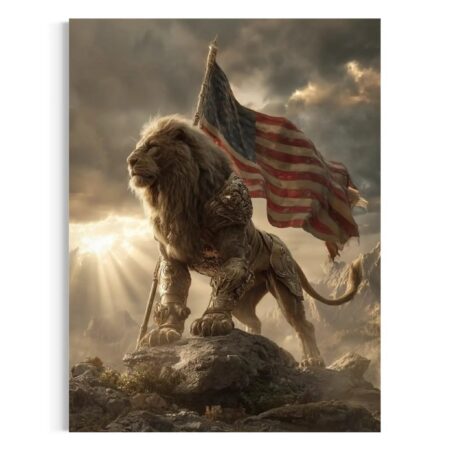 Majestic lion in golden armor with American flag in background – Patriotic wall art decor